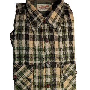 Small Flannel Shirt Vintage 1970's Mens Vanderbilt Plaid Green/Beige Acrylic NOS